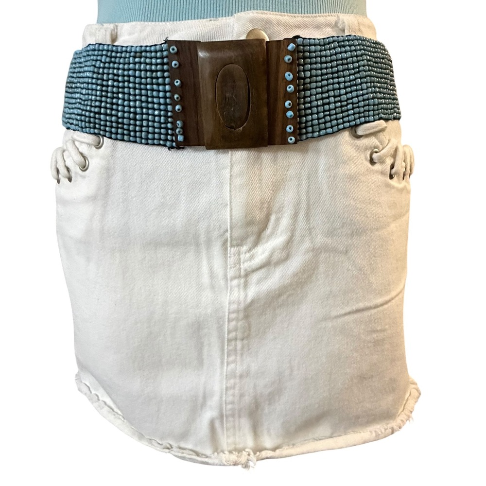 Vintage Beaded Boho Wood Buckle Waist Belt Light Blue Festival Coastal Aesthetic